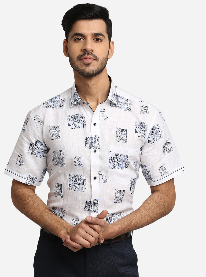 White & Blue Printed Slim Fit Party Wear Shirt | JB Studio