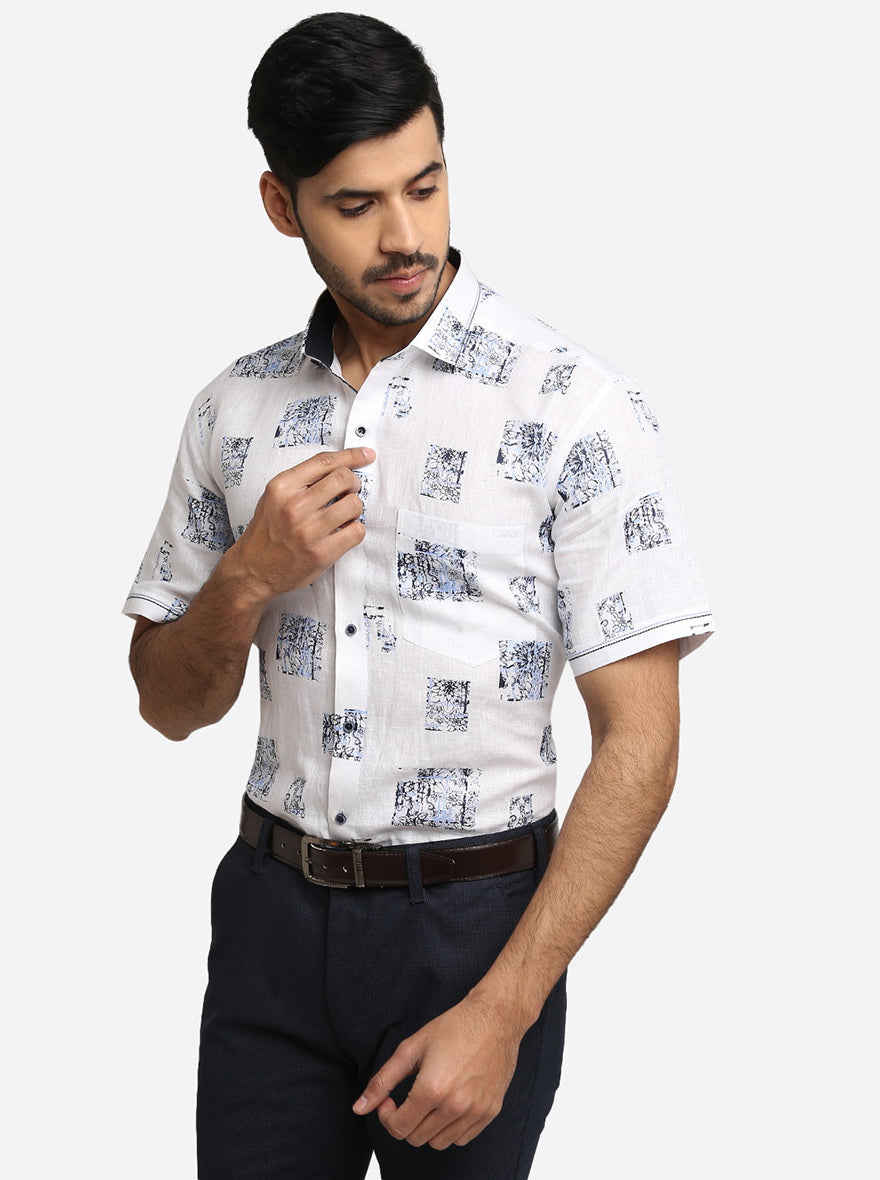 White & Blue Printed Slim Fit Party Wear Shirt | JB Studio