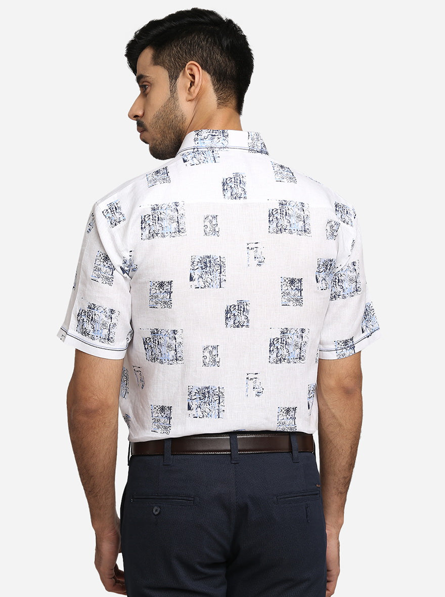 White & Blue Printed Slim Fit Party Wear Shirt | JB Studio