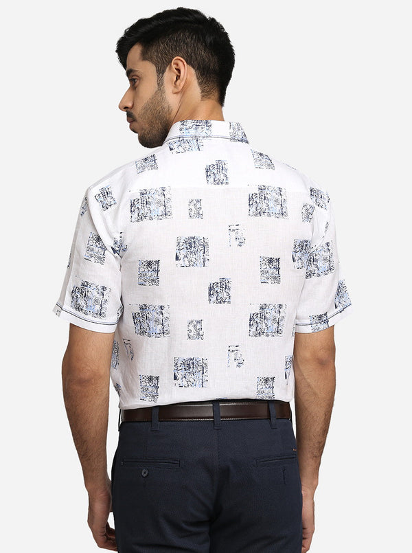 White & Blue Printed Slim Fit Party Wear Shirt | JB Studio