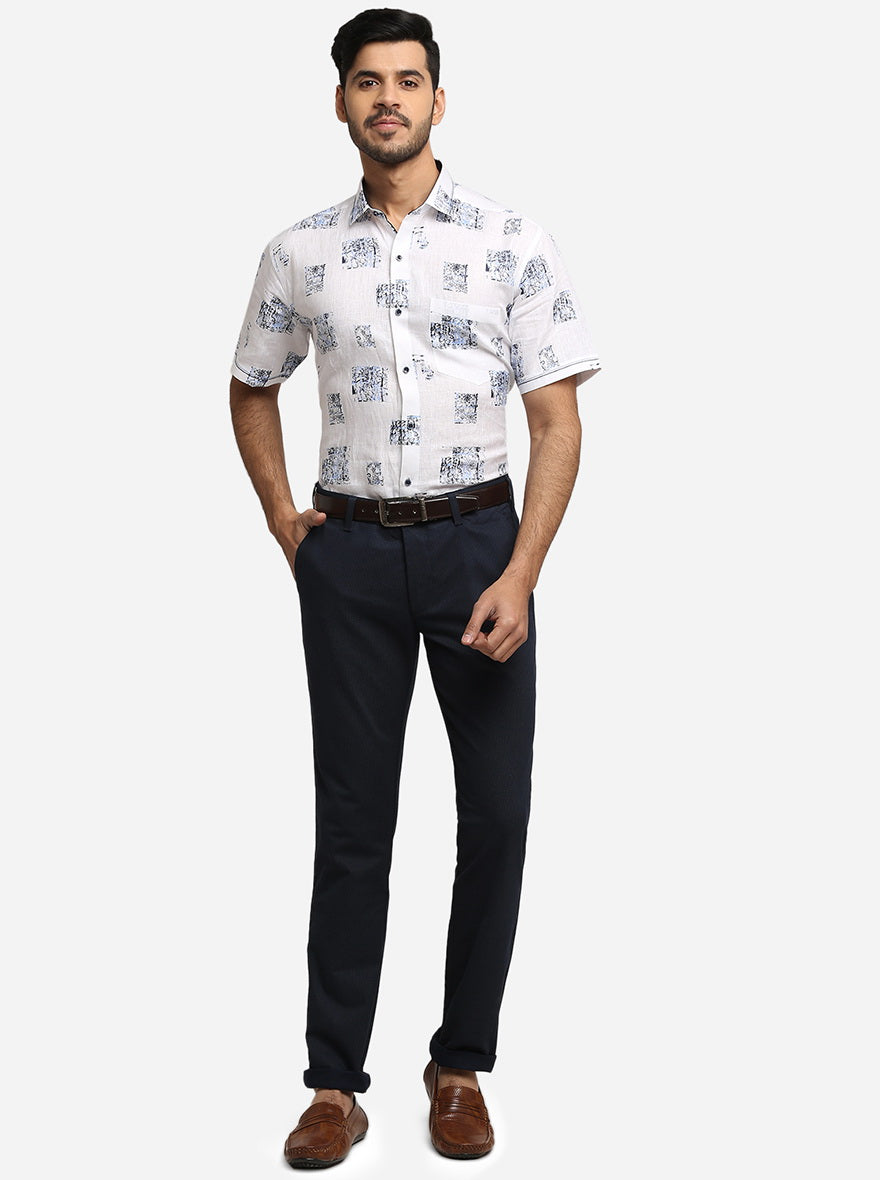 White & Blue Printed Slim Fit Party Wear Shirt | JB Studio