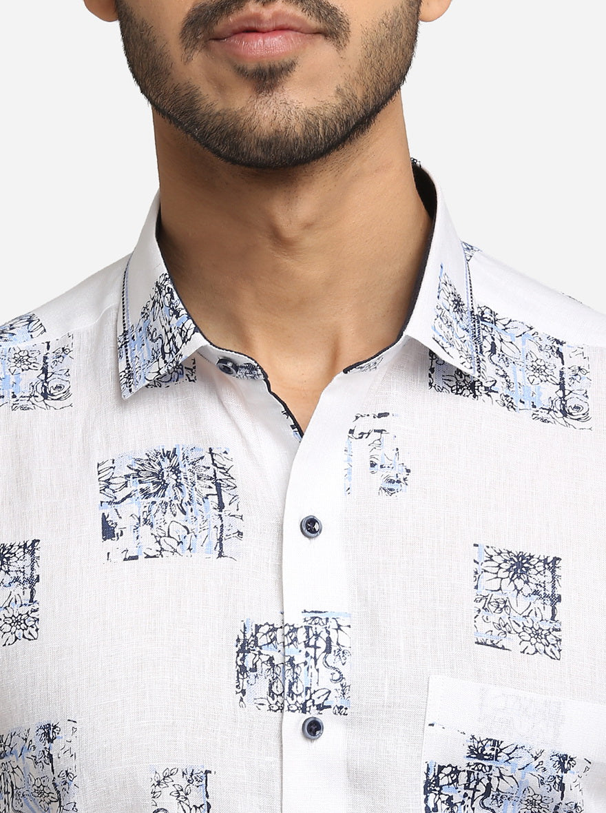 White & Blue Printed Slim Fit Party Wear Shirt | JB Studio