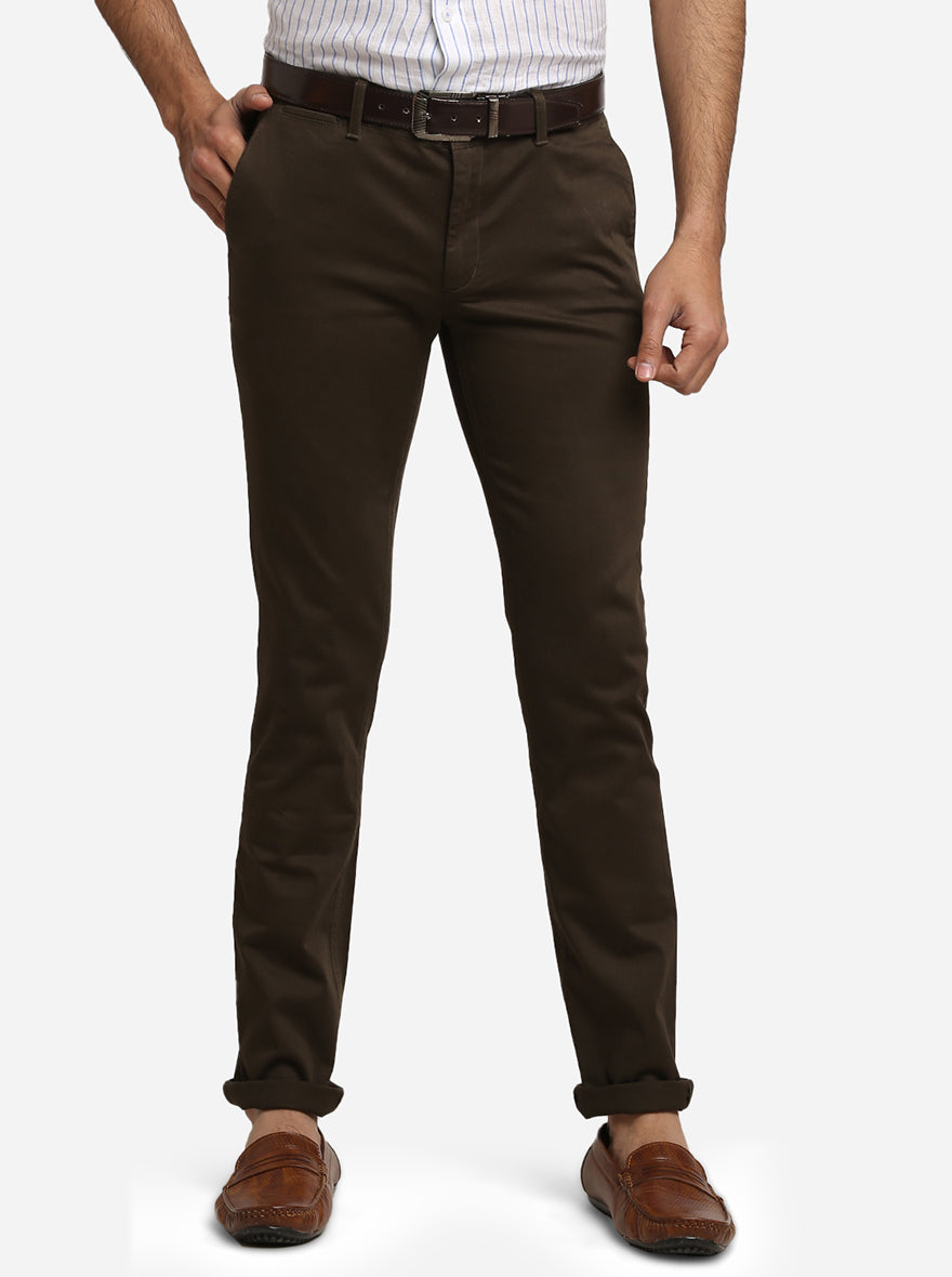 Olive Green Solid Super Slim Fit Casual Trouser | Greenfibre