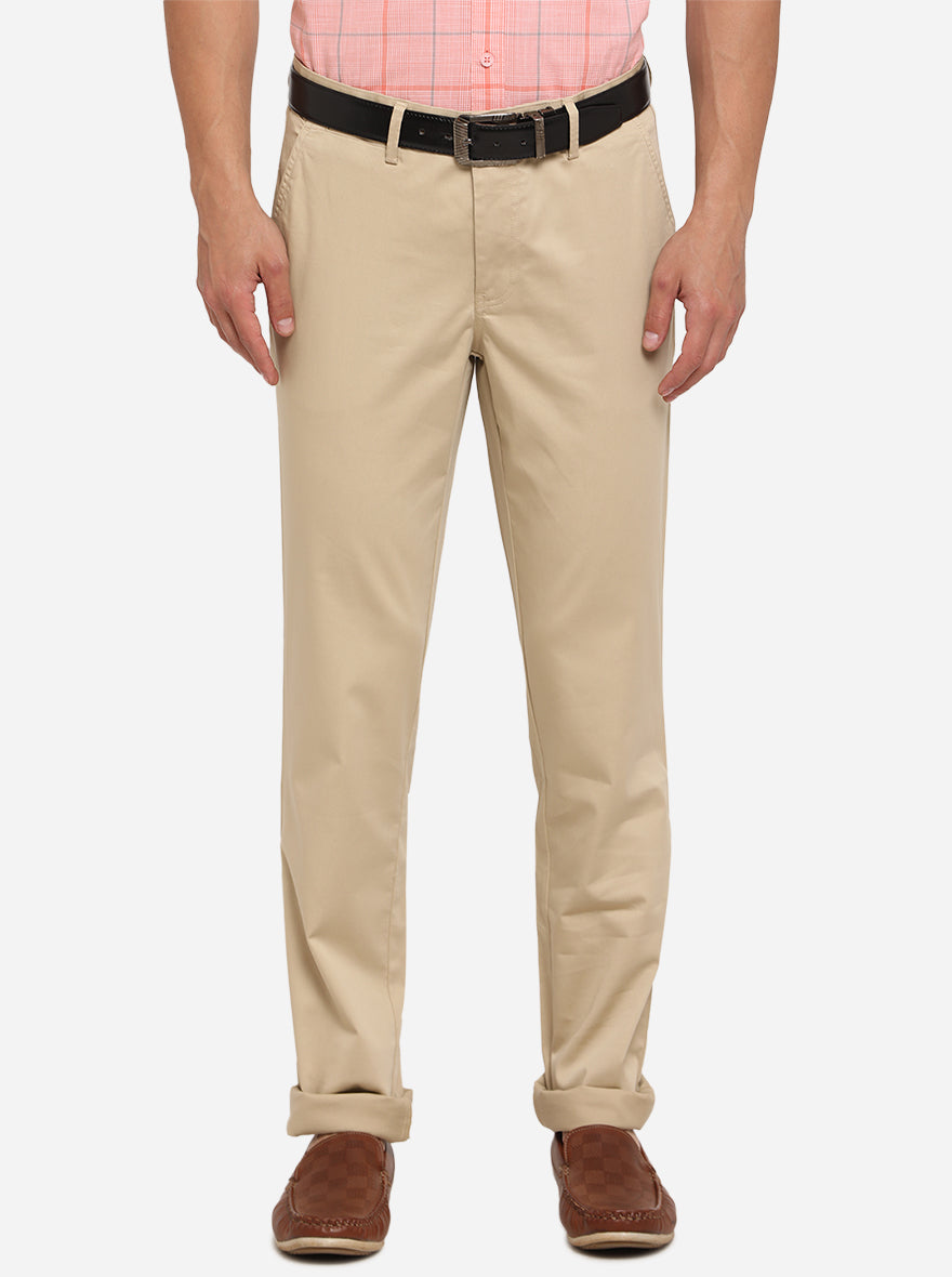 Beige Solid Uno Fit Casual Trouser | JadeBlue