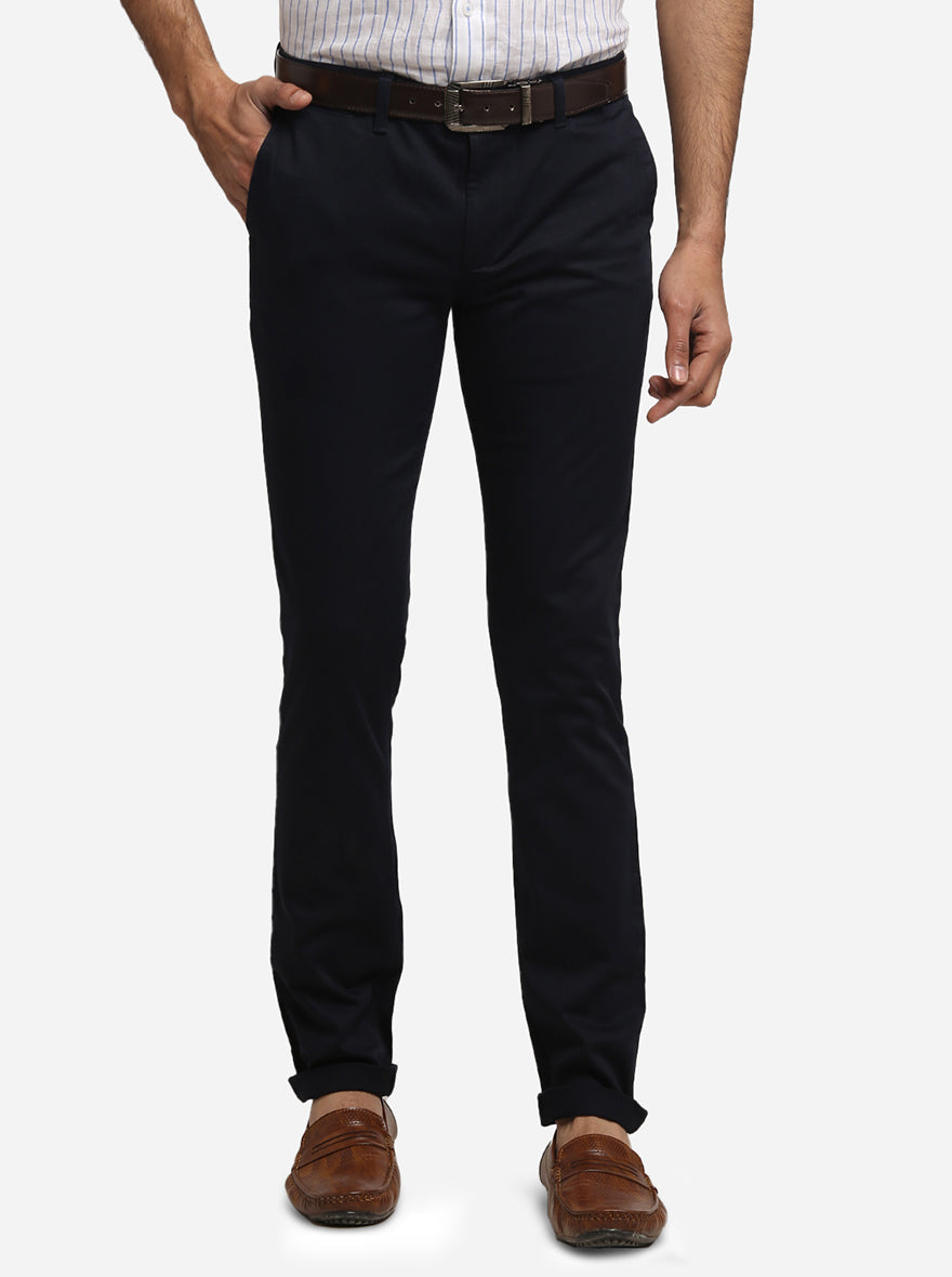 Navy Blue Solid Super Slim Fit Casual Trouser | Greenfibre