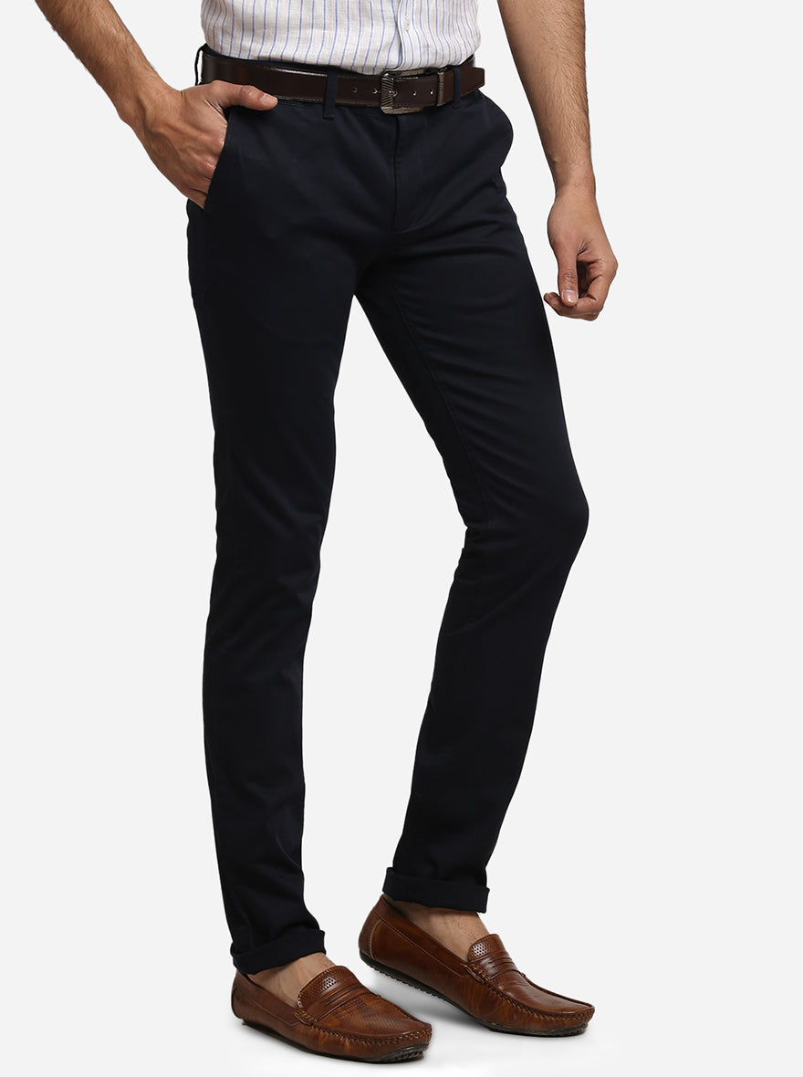 Navy Blue Solid Super Slim Fit Casual Trouser | Greenfibre