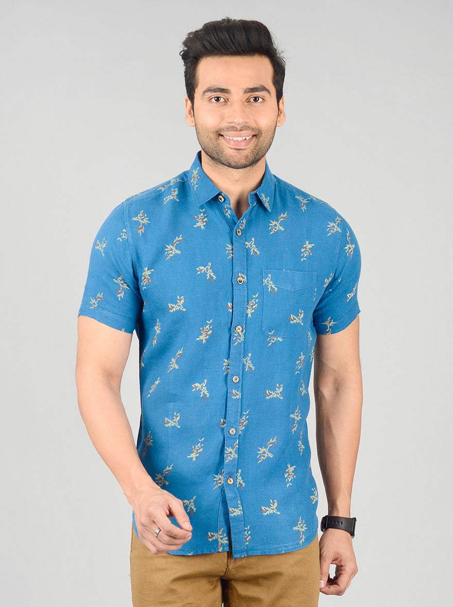 Campanula Blue Printed Slim Fit Casual Shirt | JB Sport