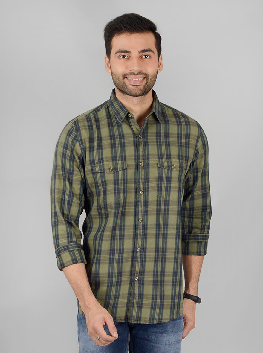 Green Checked Slim Fit Casual Shirt | JB Sport