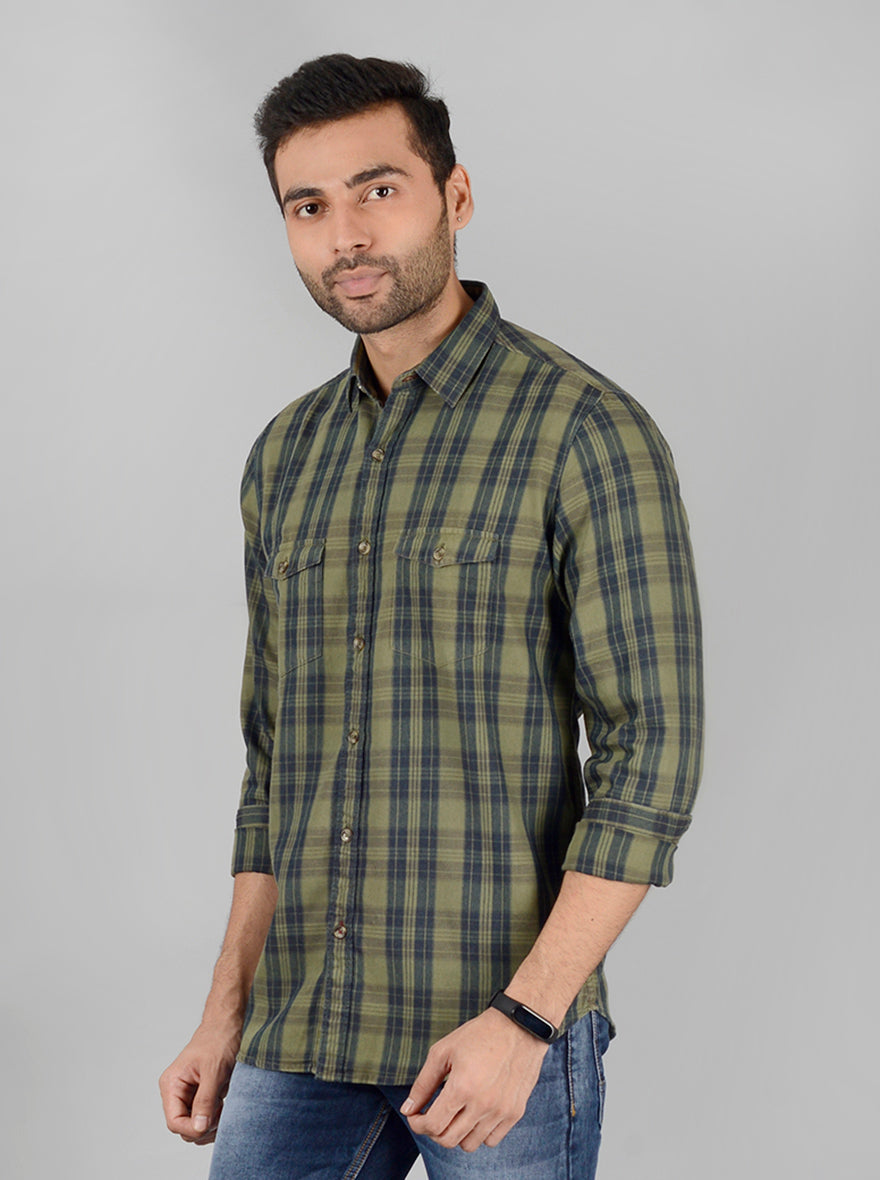 Green Checked Slim Fit Casual Shirt | JB Sport