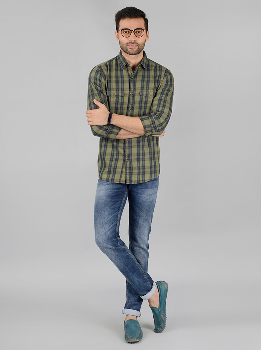 Green Checked Slim Fit Casual Shirt | JB Sport