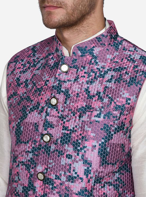 Pink & Teal Blue Bandhgala Jacket | Siddhesh Chauhan