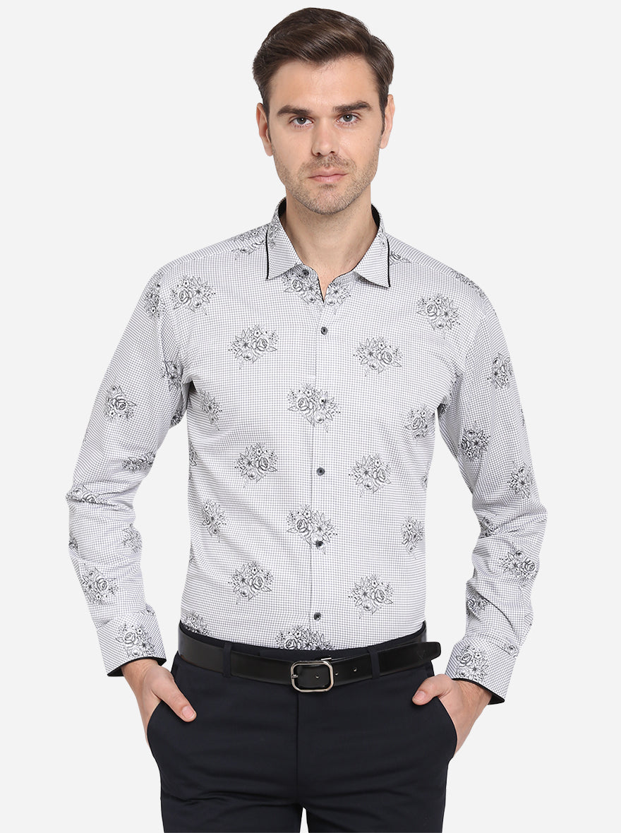 White & Black Printed Slim Fit Party Wear Shirt | JB Studio