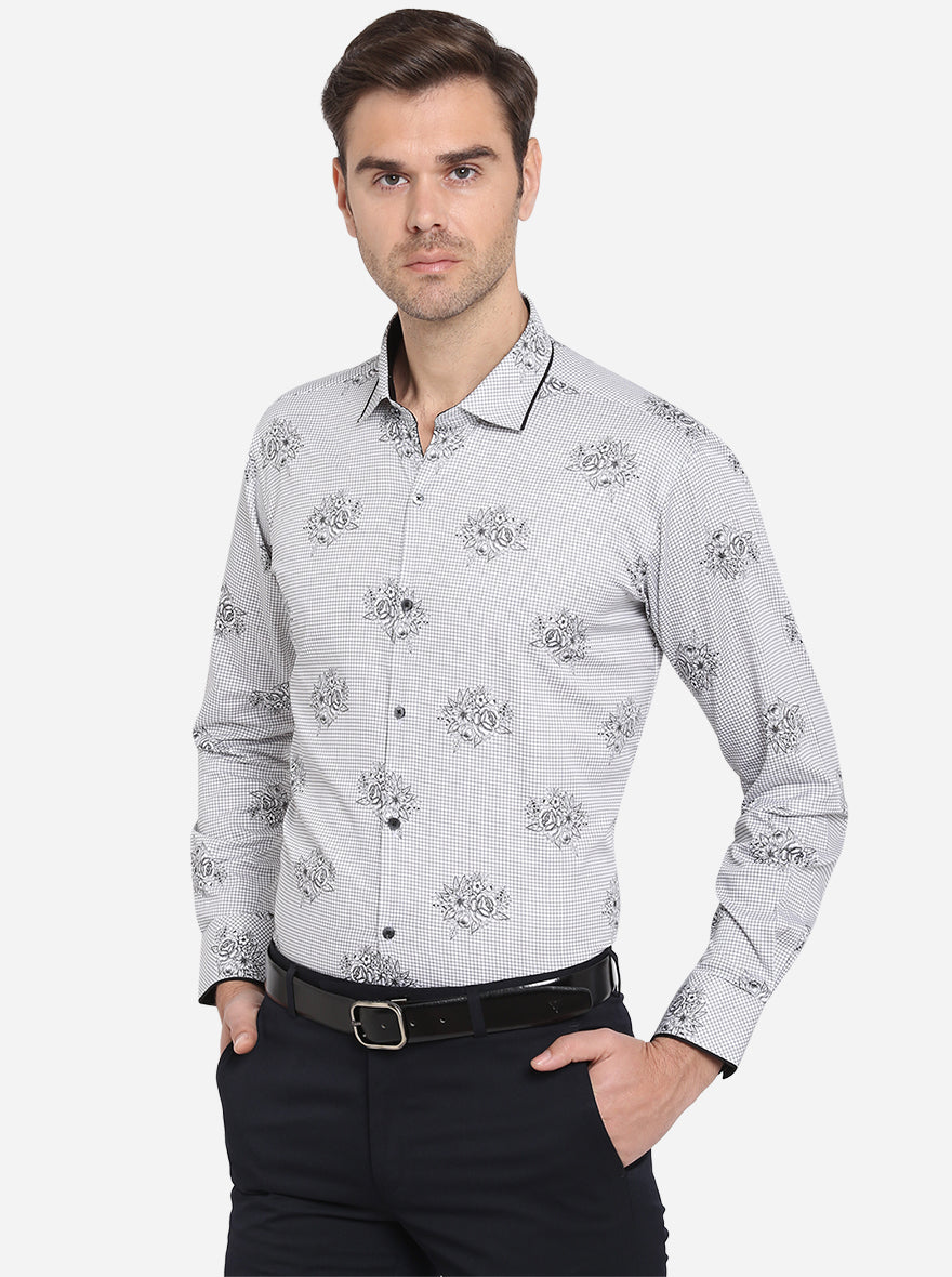 White & Black Printed Slim Fit Party Wear Shirt | JB Studio