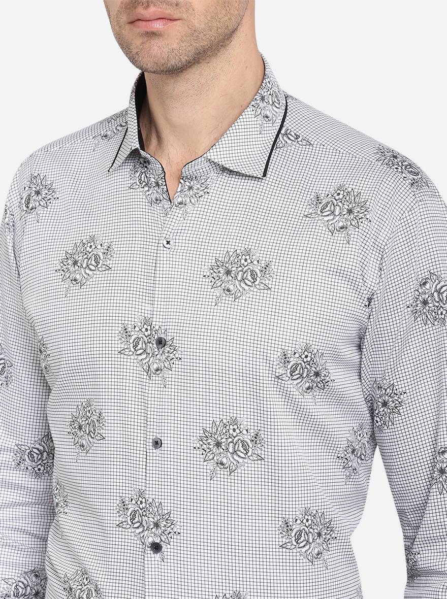 White & Black Printed Slim Fit Party Wear Shirt | JB Studio