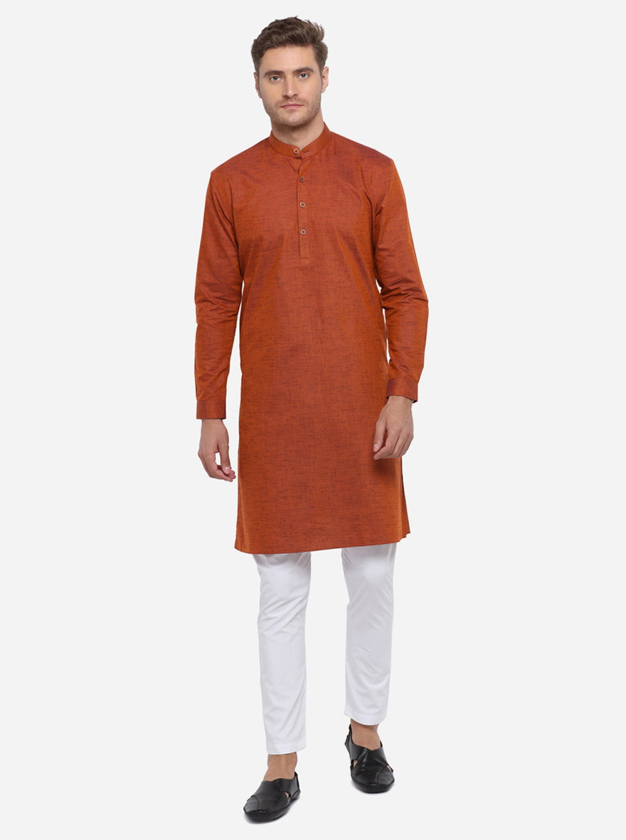 Burnt Orange Self Design Regular Fit Modi Kurta | JadeBlue