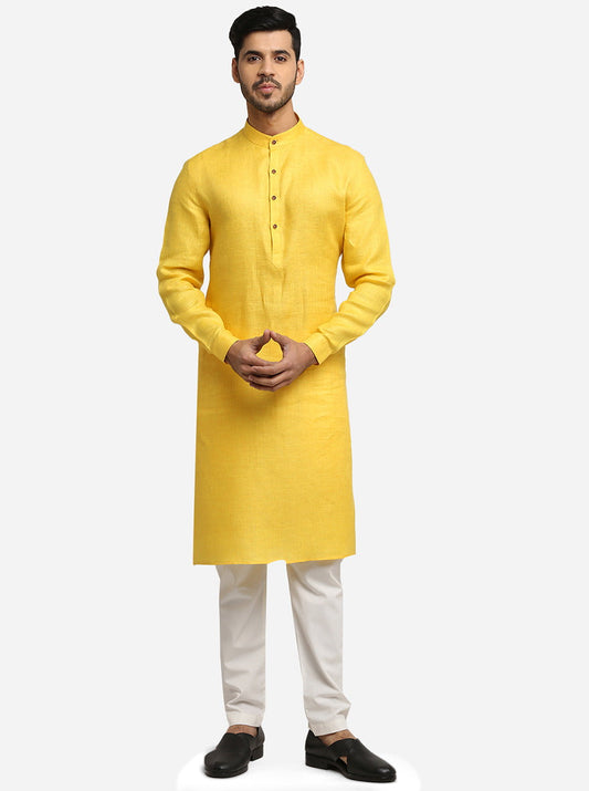 Light Yellow Self Design Regular Fit Modi Kurta | JadeBlue