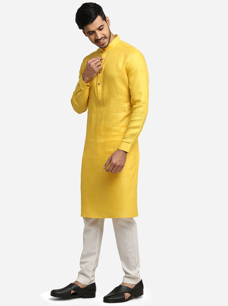 Light Yellow Self Design Regular Fit Modi Kurta | JadeBlue