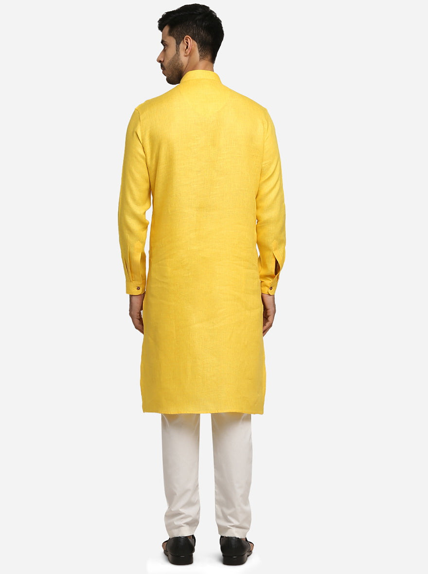 Light Yellow Self Design Regular Fit Modi Kurta | JadeBlue