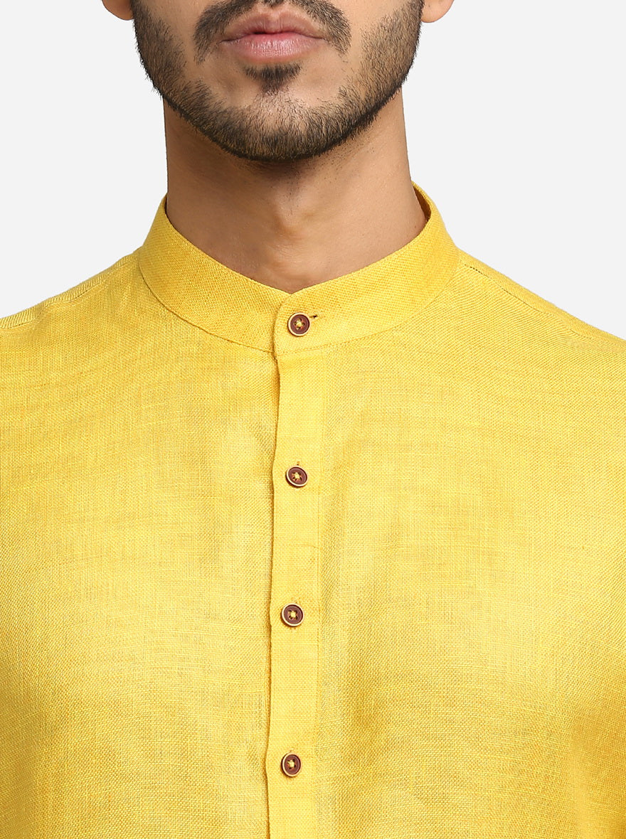 Light Yellow Self Design Regular Fit Modi Kurta | JadeBlue