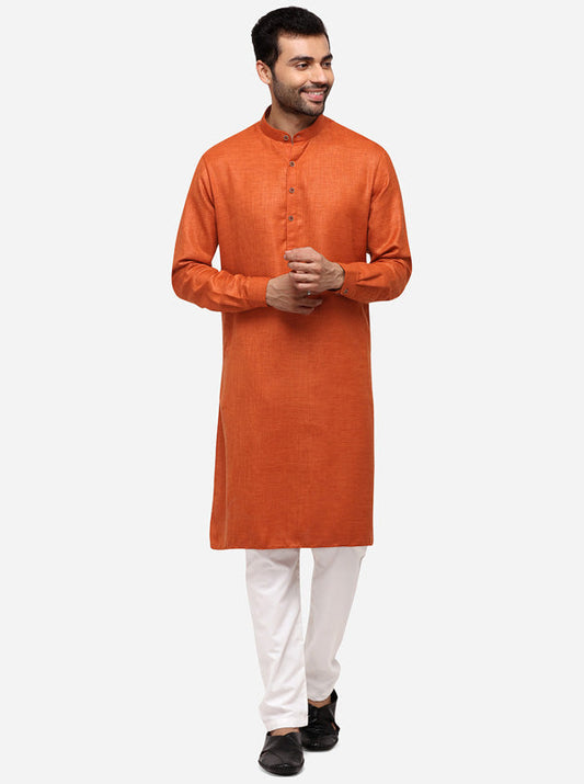 Rust Self Textured Regular Fit Modi Kurta | JadeBlue