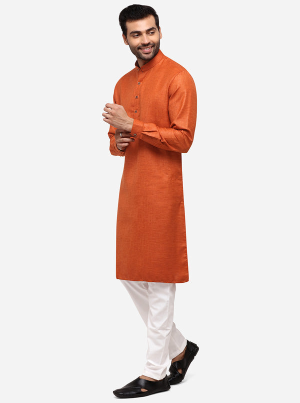 Rust Self Textured Regular Fit Modi Kurta | JadeBlue