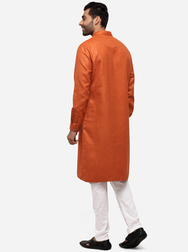 Rust Self Textured Regular Fit Modi Kurta | JadeBlue