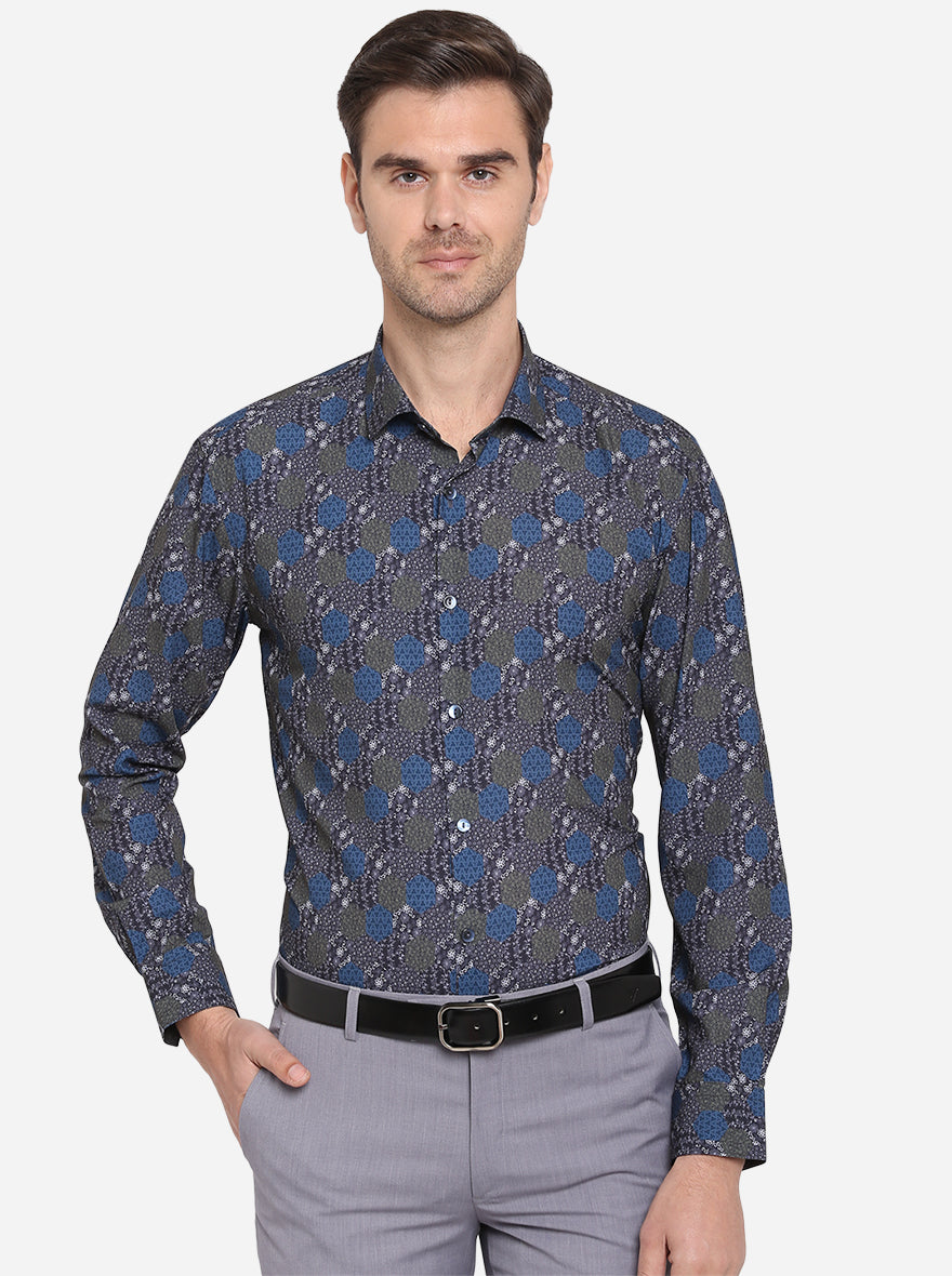 Blue & Grey Printed Slim Fit Party Wear Shirt | JB Studio