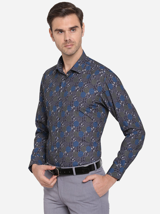 Blue & Grey Printed Slim Fit Party Wear Shirt | JB Studio