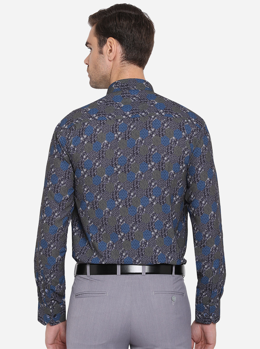 Blue & Grey Printed Slim Fit Party Wear Shirt | JB Studio