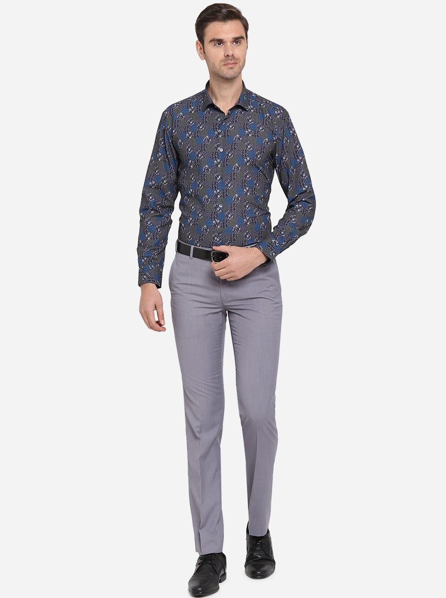 Blue & Grey Printed Slim Fit Party Wear Shirt | JB Studio