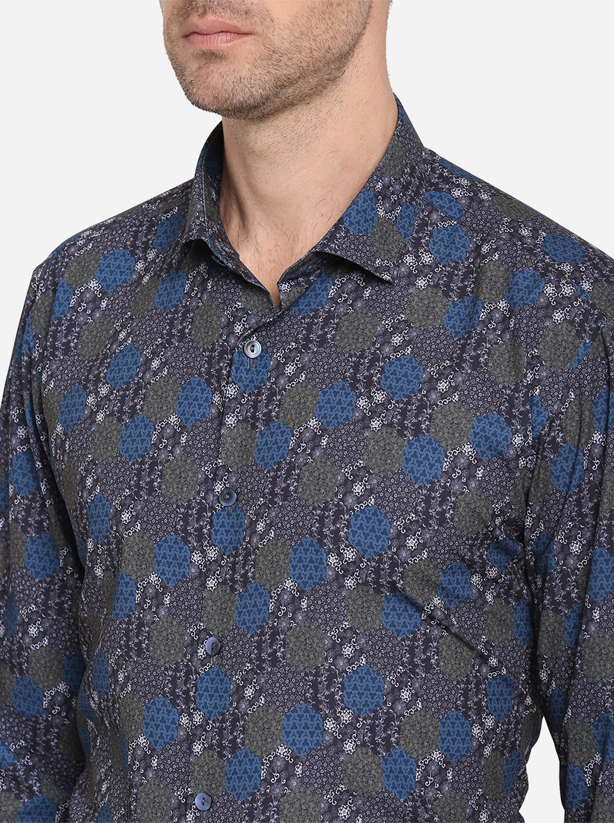 Blue & Grey Printed Slim Fit Party Wear Shirt | JB Studio