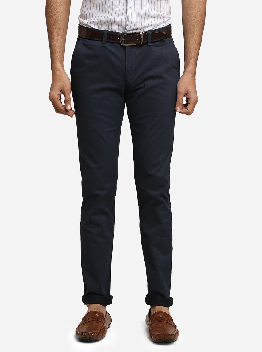 Navy Blue Solid Super Slim Fit Casual Trouser | Greenfibre