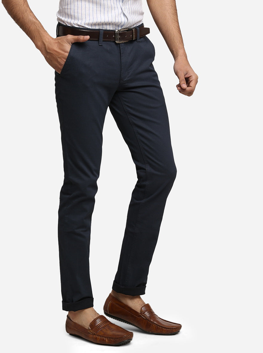 Navy Blue Solid Super Slim Fit Casual Trouser | Greenfibre