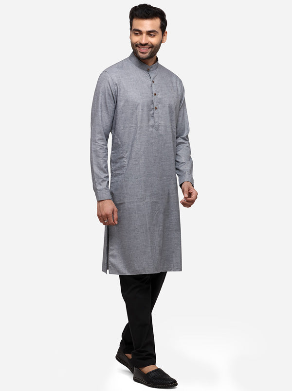 Grey Self Textured Regular Fit Modi Kurta | JadeBlue