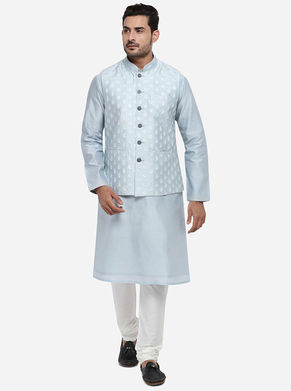 Light Grey Kurta Set with Light Grey Bandhgala Jacket | Azania