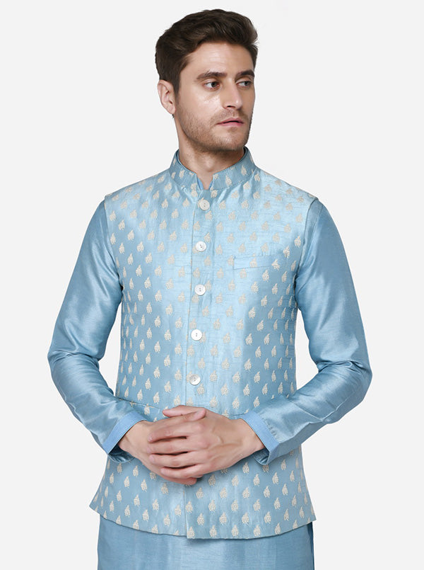 Ice Blue Kurta Set with Ice Blue Bandhgala Jacket | Siddhesh Chauhan