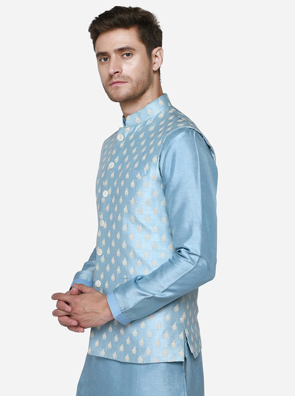 Ice Blue Kurta Set with Ice Blue Bandhgala Jacket | Siddhesh Chauhan