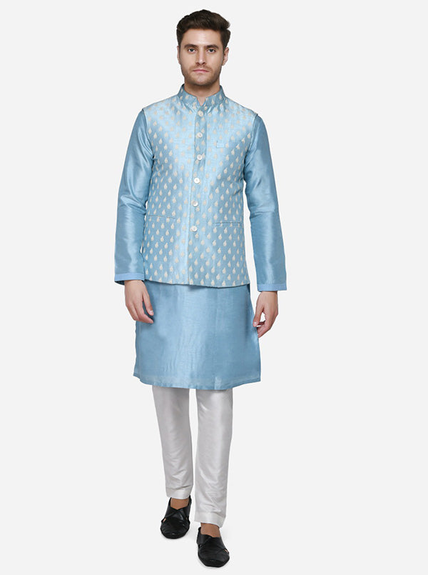 Ice Blue Kurta Set with Ice Blue Bandhgala Jacket | Siddhesh Chauhan