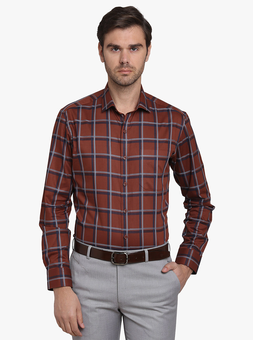 Rust & Grey Checked Slim Fit Formal Shirt  | JadeBlue