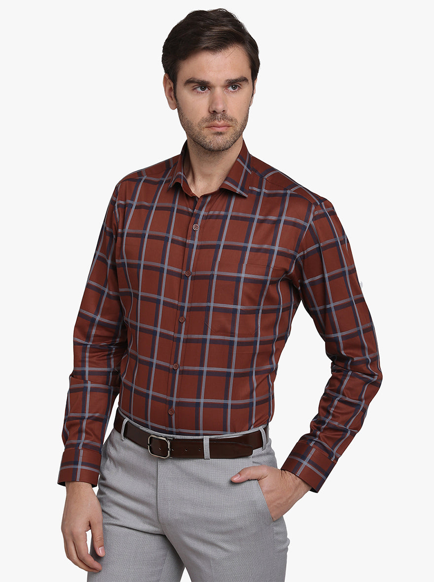 Rust & Grey Checked Slim Fit Formal Shirt  | JadeBlue