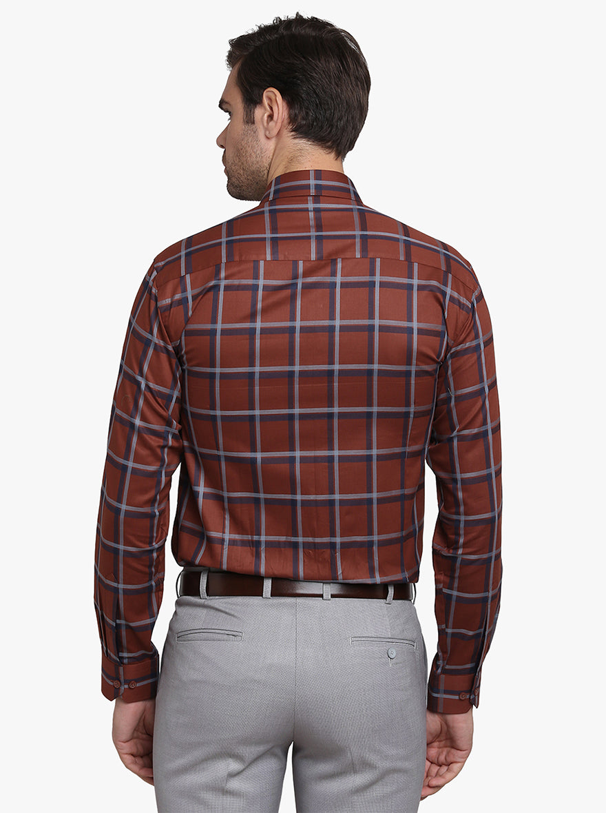 Rust & Grey Checked Slim Fit Formal Shirt  | JadeBlue