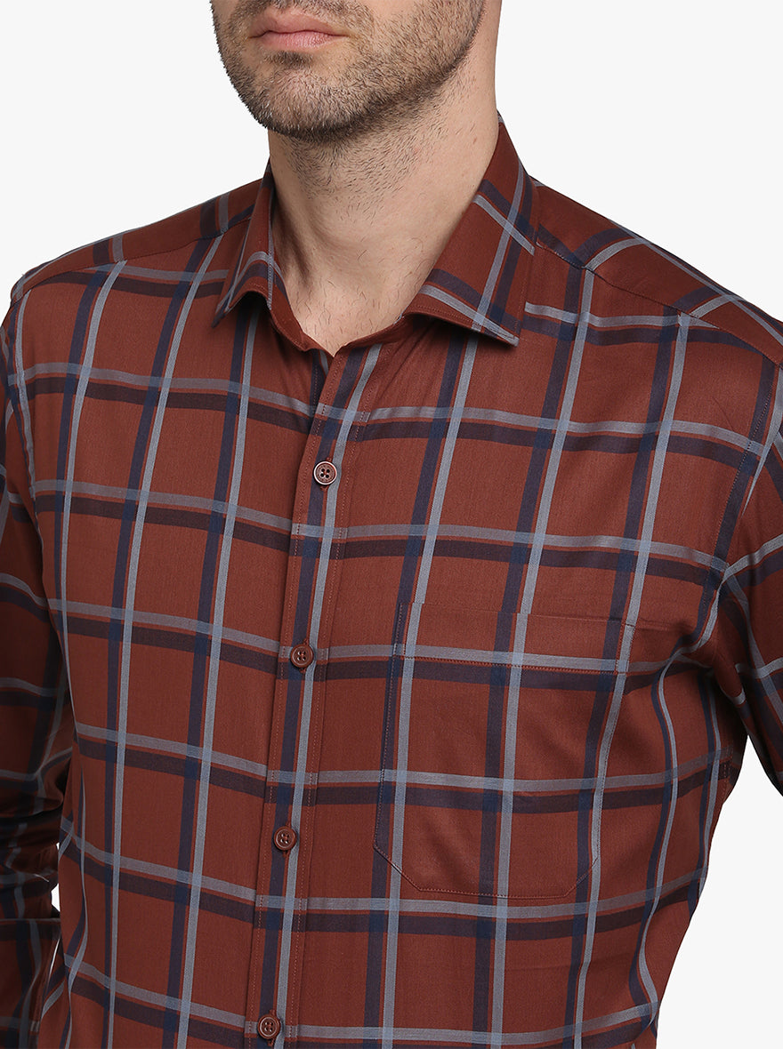 Rust & Grey Checked Slim Fit Formal Shirt  | JadeBlue