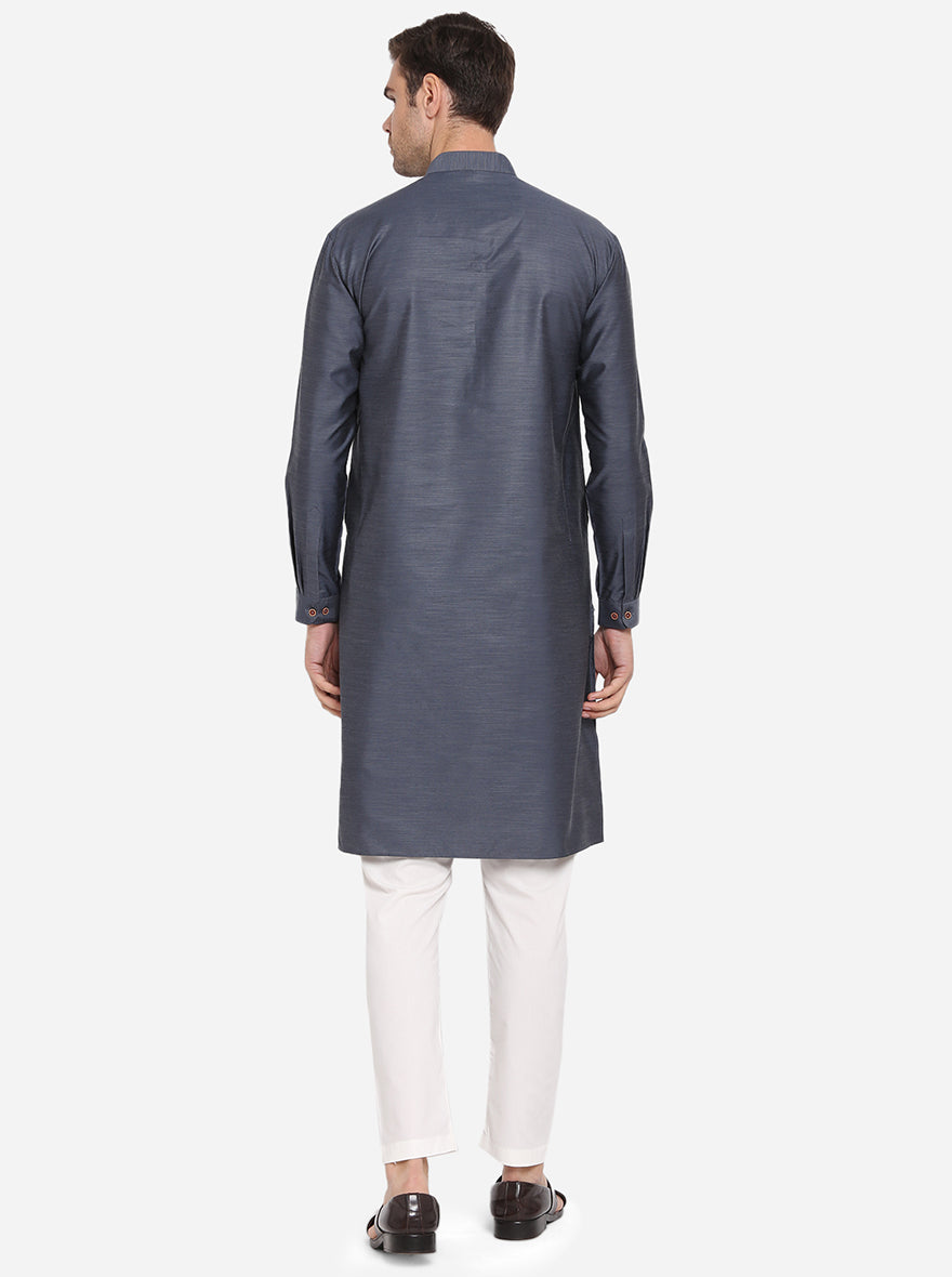 Blulish Grey  Self Design Regular Fit Modi Kurta | JadeBlue