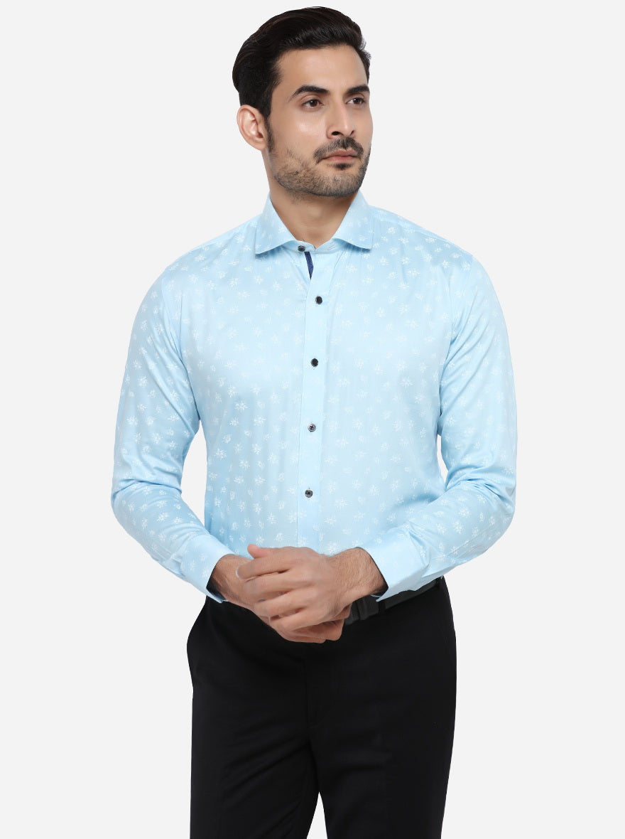 Sky Blue Printed Slim Fit Party wear Shirt | Greenfibre