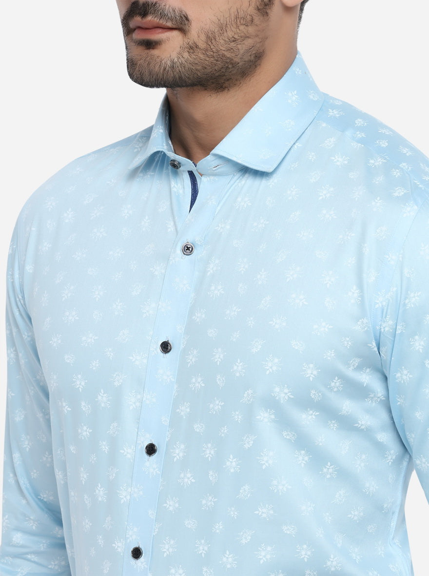 Sky Blue Printed Slim Fit Party wear Shirt | Greenfibre