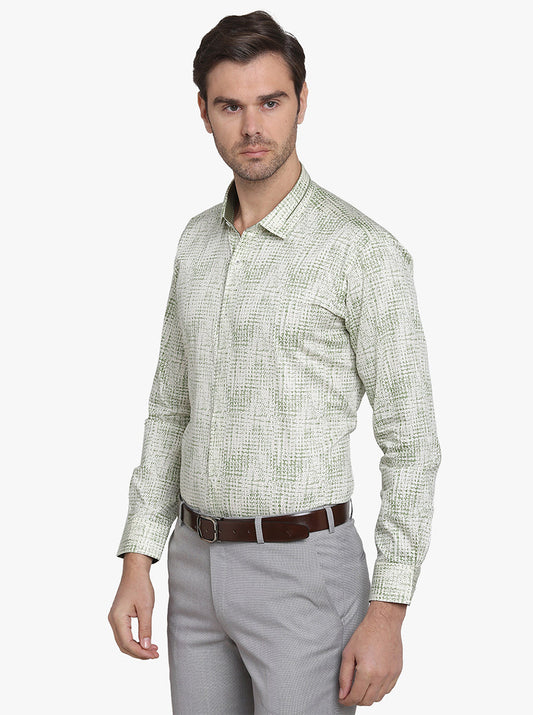 Cream & Green Printed Slim Fit Party Wear Shirt  | JB Studio