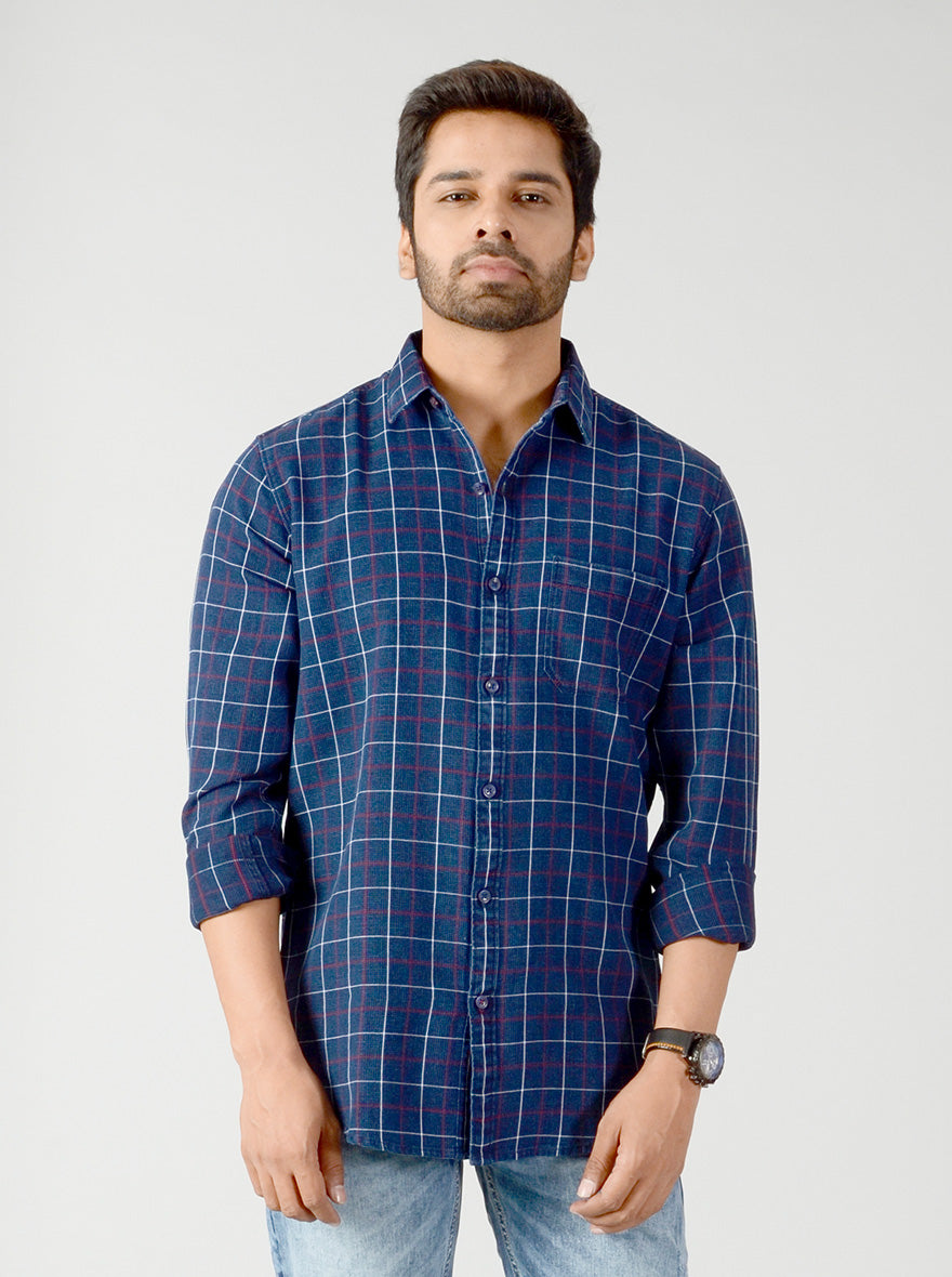 Indigo Blue & Red Checked Slim Fit Casual Shirt | JB Sport