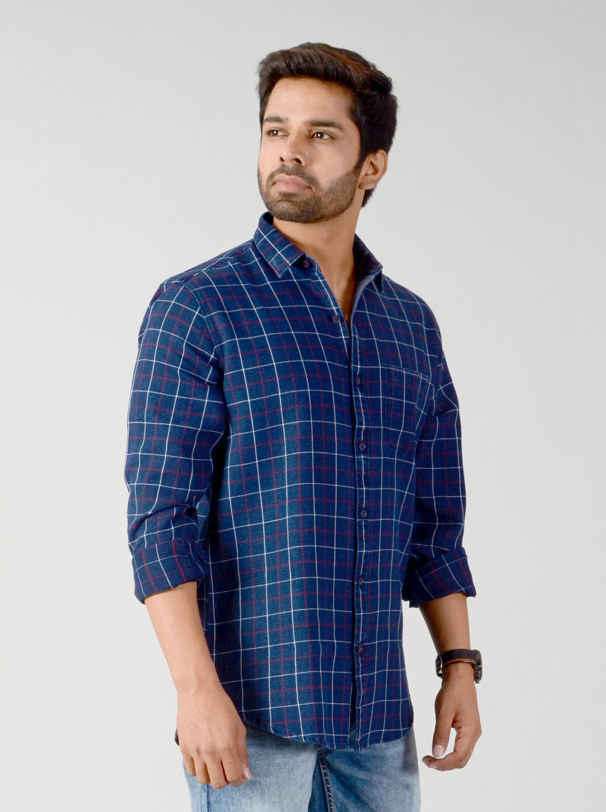 Indigo Blue & Red Checked Slim Fit Casual Shirt | JB Sport