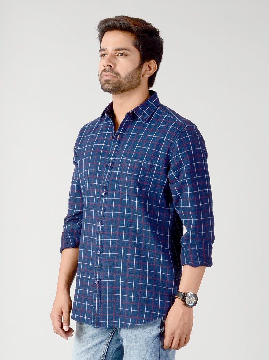 Indigo Blue & Red Checked Slim Fit Casual Shirt | JB Sport