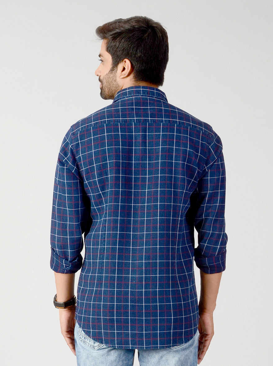 Indigo Blue & Red Checked Slim Fit Casual Shirt | JB Sport